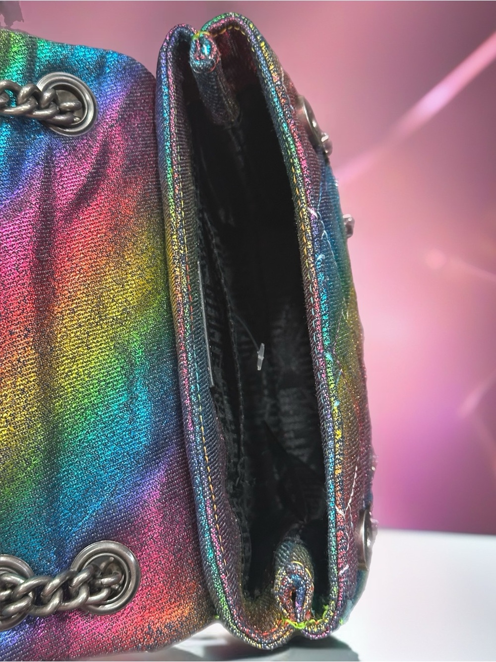 Kurt Geiger Denim Metallic Rainbow Quilted 2 Way Bag W/crystal Studs NWOT - Picture 9 of 10